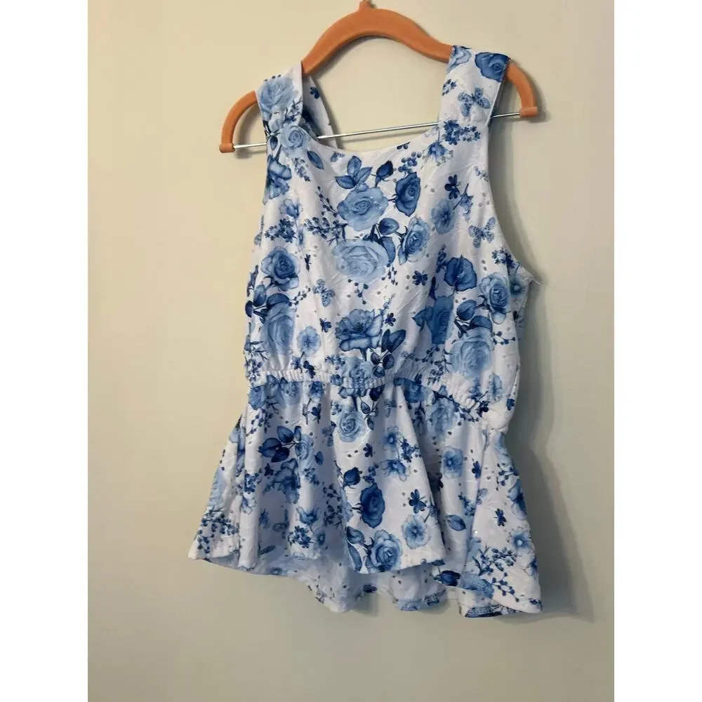 Tahari Girls Blue White Floral 2 Pc Matching Set Peplum Top Wide Leg Pants Sz 12